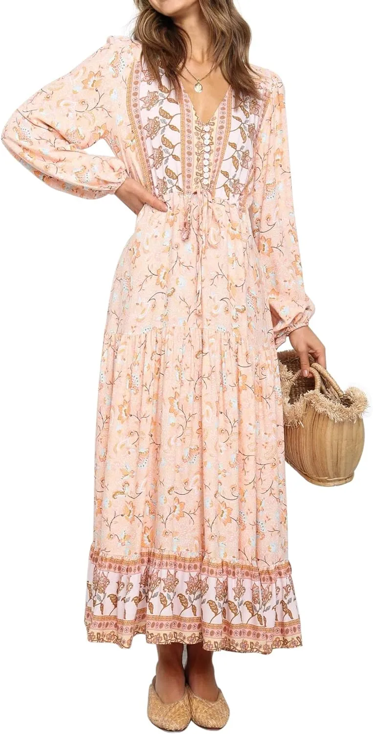R.Vivimos Women's Long Sleeve Cotton V-Neck Button Up Floral Print Boho Flowy Midi Dresses