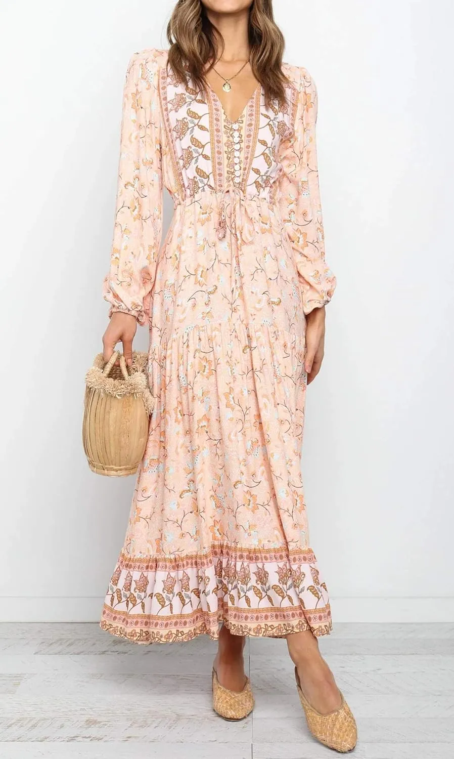 R.Vivimos Women's Long Sleeve Cotton V-Neck Button Up Floral Print Boho Flowy Midi Dresses