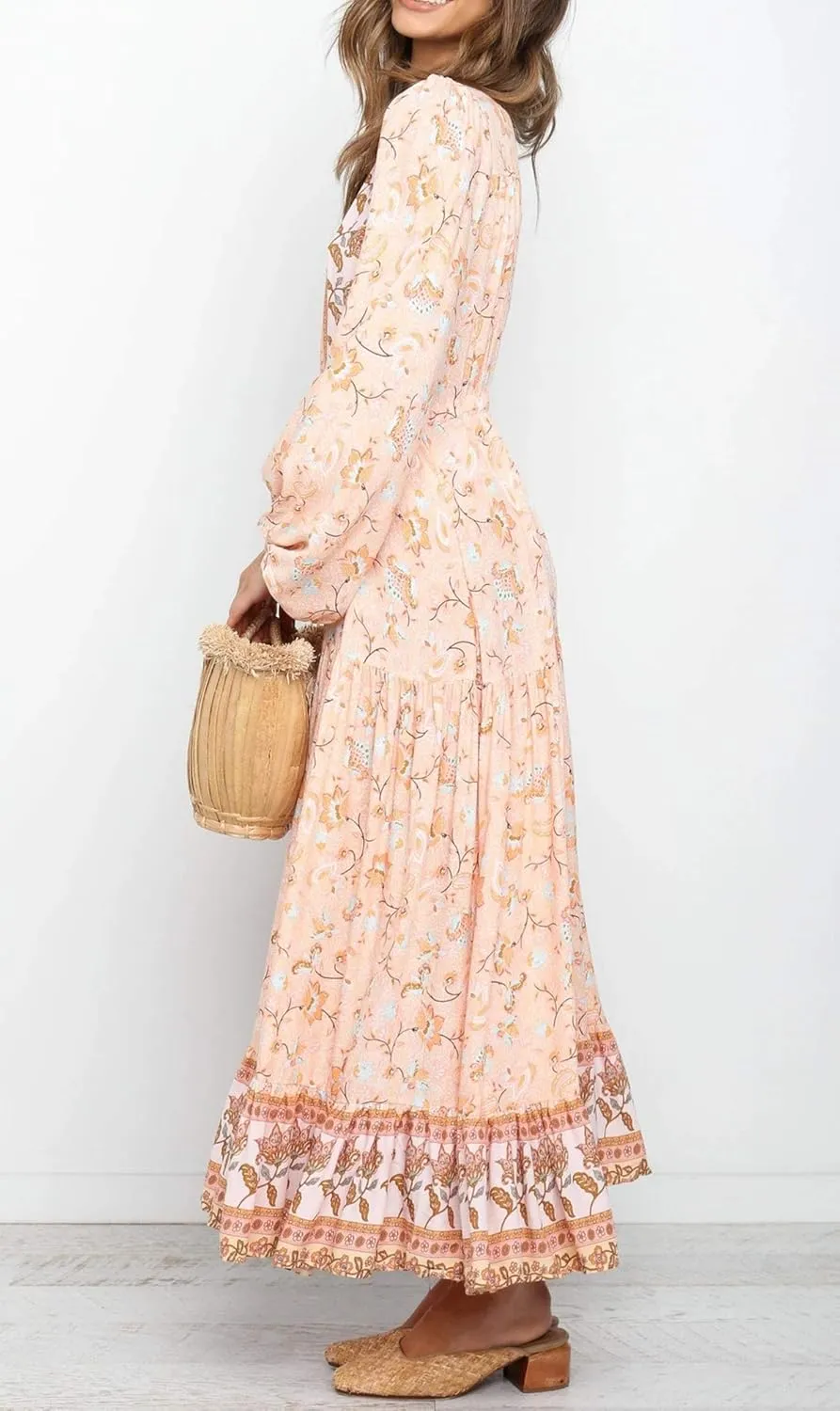 R.Vivimos Women's Long Sleeve Cotton V-Neck Button Up Floral Print Boho Flowy Midi Dresses