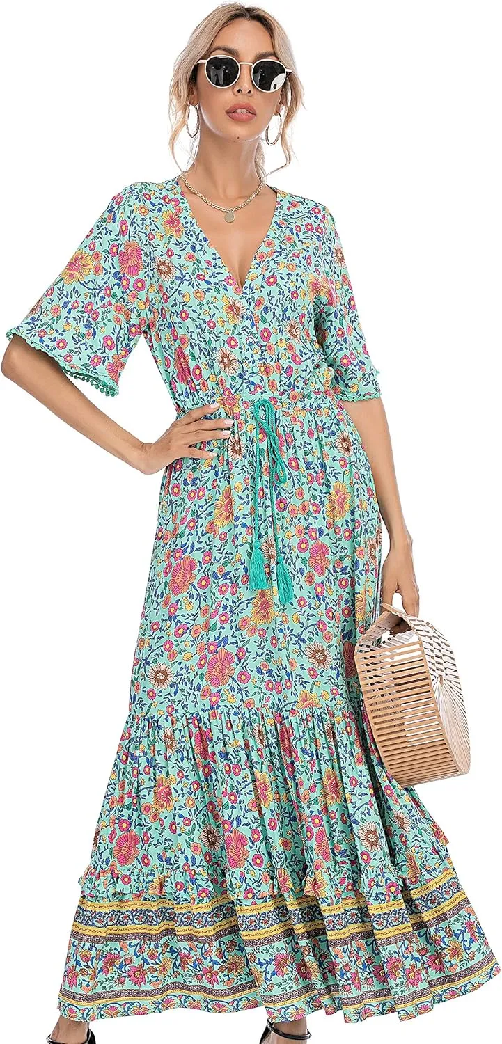 R.Vivimos Womens Summer Cotton Short Sleeve V Neck Floral Print Casual Bohemian Midi Dresses