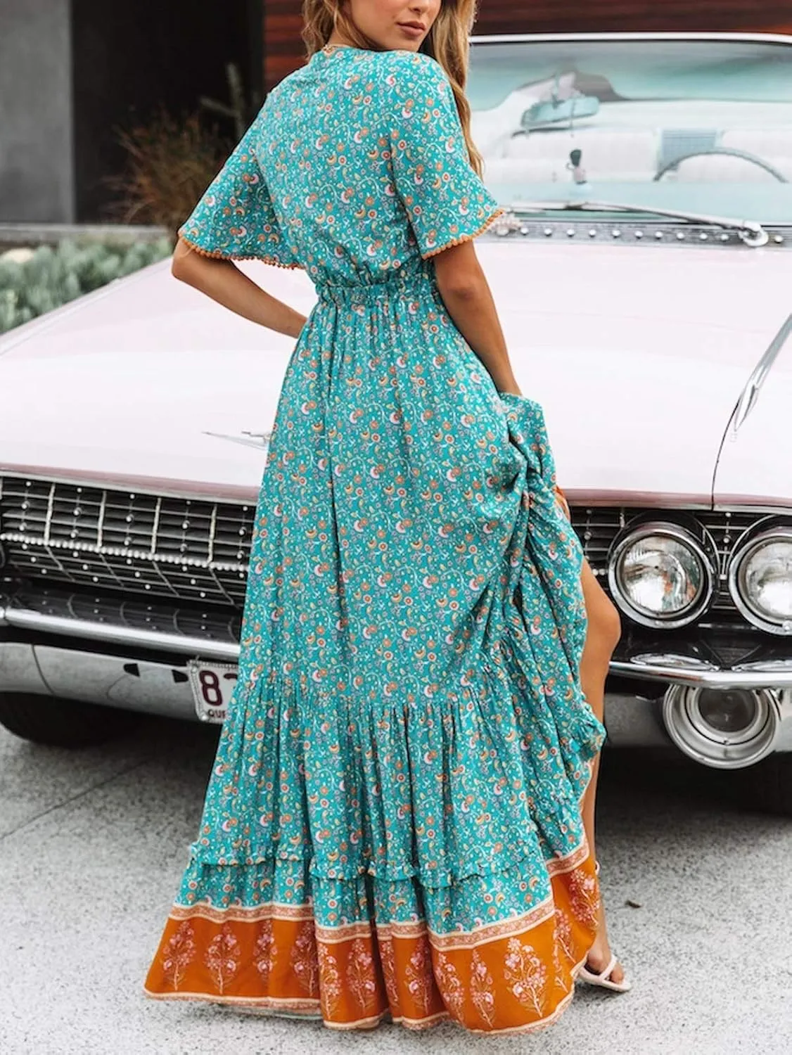 R.Vivimos Womens Summer Cotton Short Sleeve V Neck Floral Print Casual Bohemian Midi Dresses