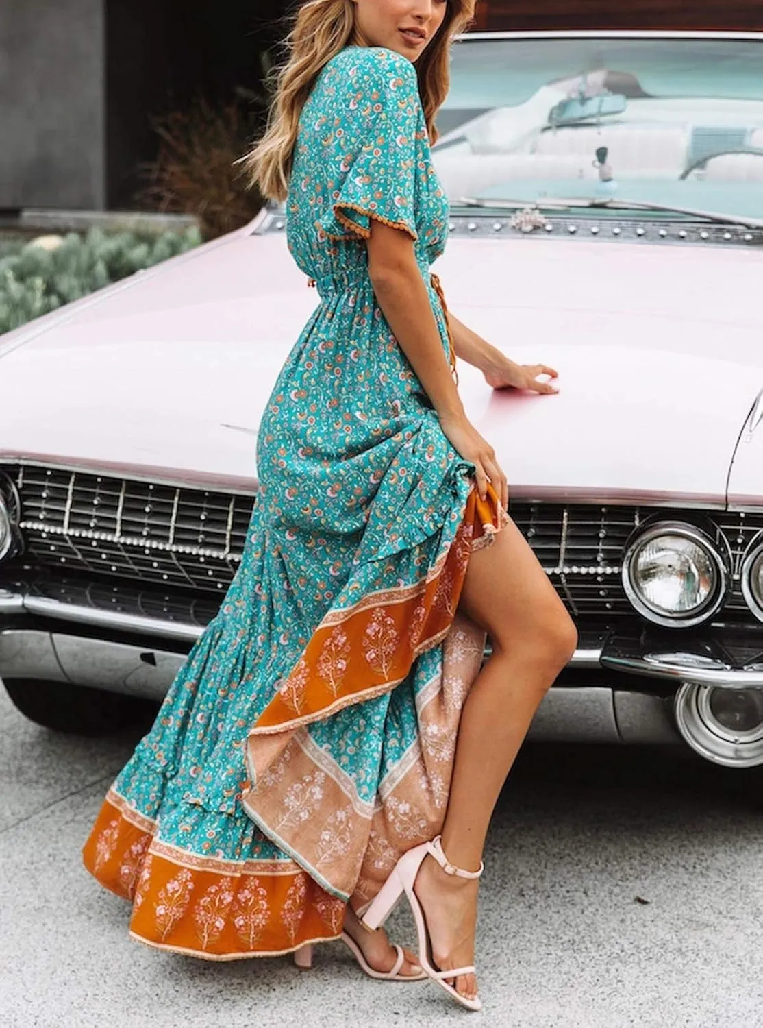 R.Vivimos Womens Summer Cotton Short Sleeve V Neck Floral Print Casual Bohemian Midi Dresses