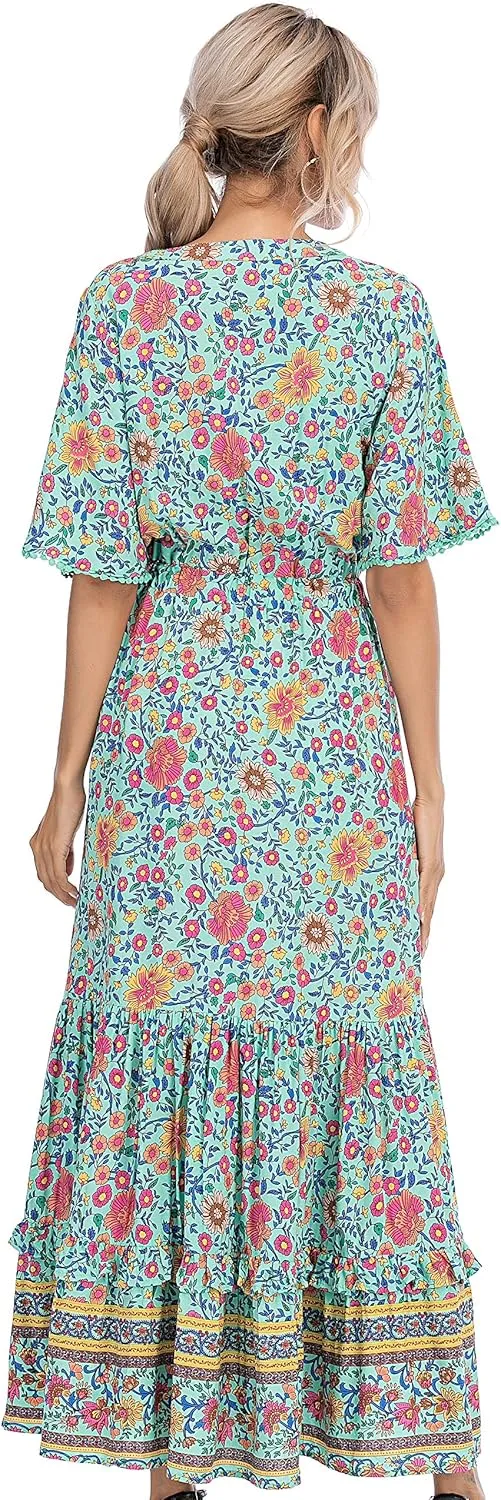 R.Vivimos Womens Summer Cotton Short Sleeve V Neck Floral Print Casual Bohemian Midi Dresses