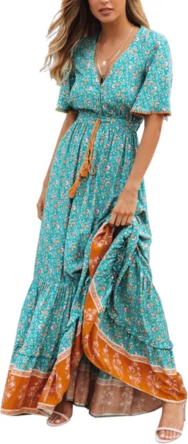 R.Vivimos Womens Summer Cotton Short Sleeve V Neck Floral Print Casual Bohemian Midi Dresses