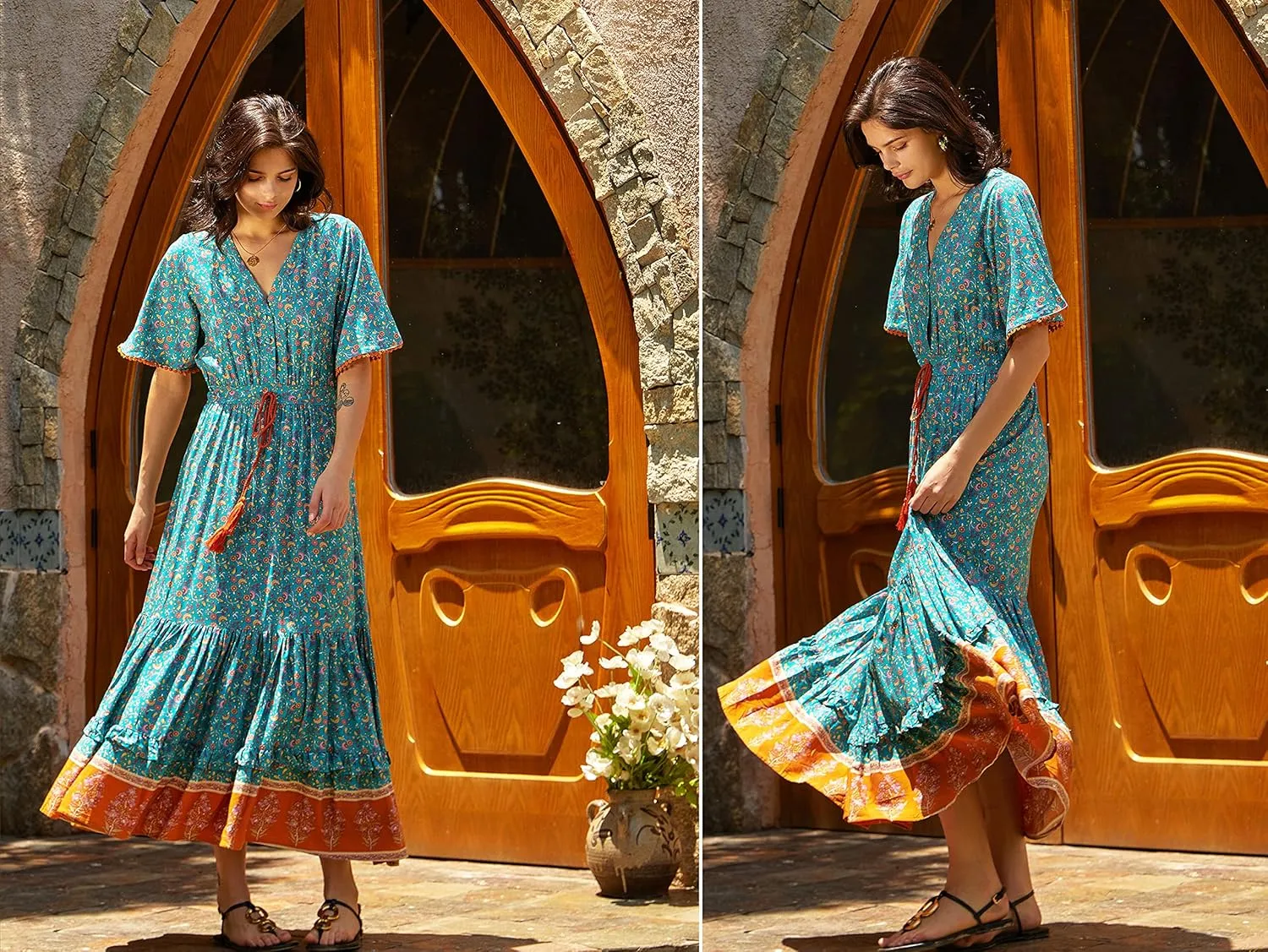 R.Vivimos Womens Summer Cotton Short Sleeve V Neck Floral Print Casual Bohemian Midi Dresses