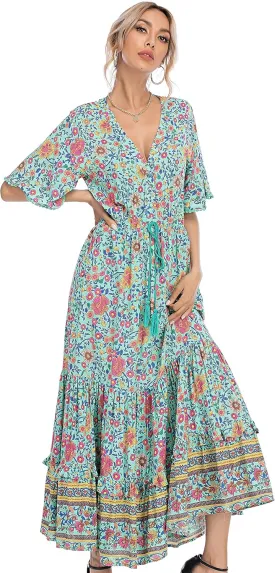 R.Vivimos Womens Summer Cotton Short Sleeve V Neck Floral Print Casual Bohemian Midi Dresses