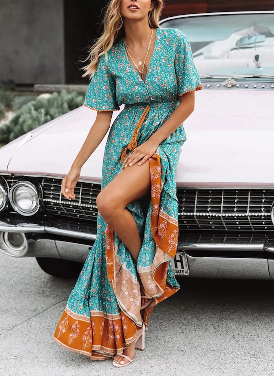 R.Vivimos Womens Summer Cotton Short Sleeve V Neck Floral Print Casual Bohemian Midi Dresses