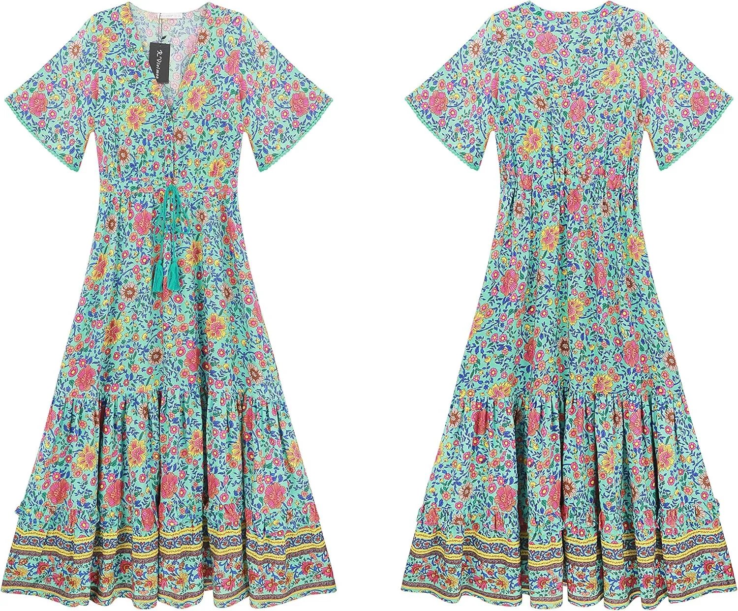 R.Vivimos Womens Summer Cotton Short Sleeve V Neck Floral Print Casual Bohemian Midi Dresses