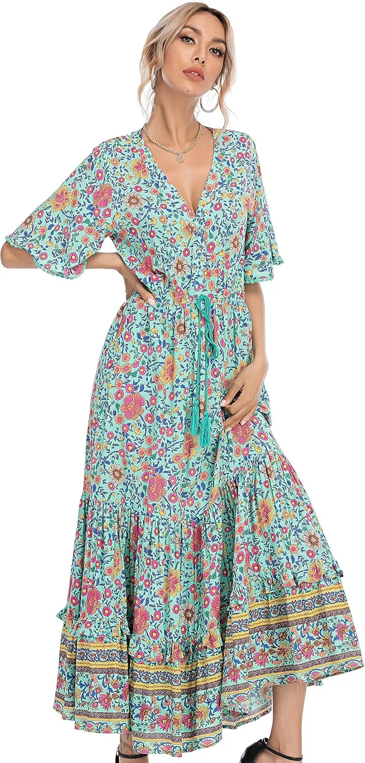 R.Vivimos Womens Summer Cotton Short Sleeve V Neck Floral Print Casual Bohemian Midi Dresses