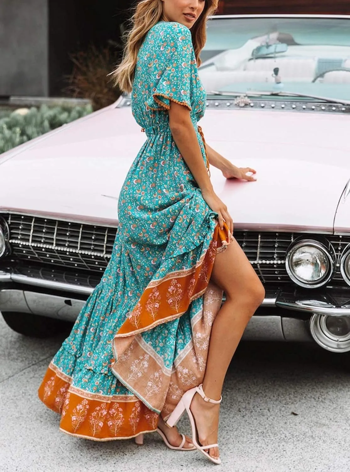 R.Vivimos Womens Summer Cotton Short Sleeve V Neck Floral Print Casual Bohemian Midi Dresses