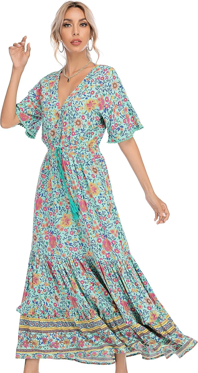 R.Vivimos Womens Summer Cotton Short Sleeve V Neck Floral Print Casual Bohemian Midi Dresses