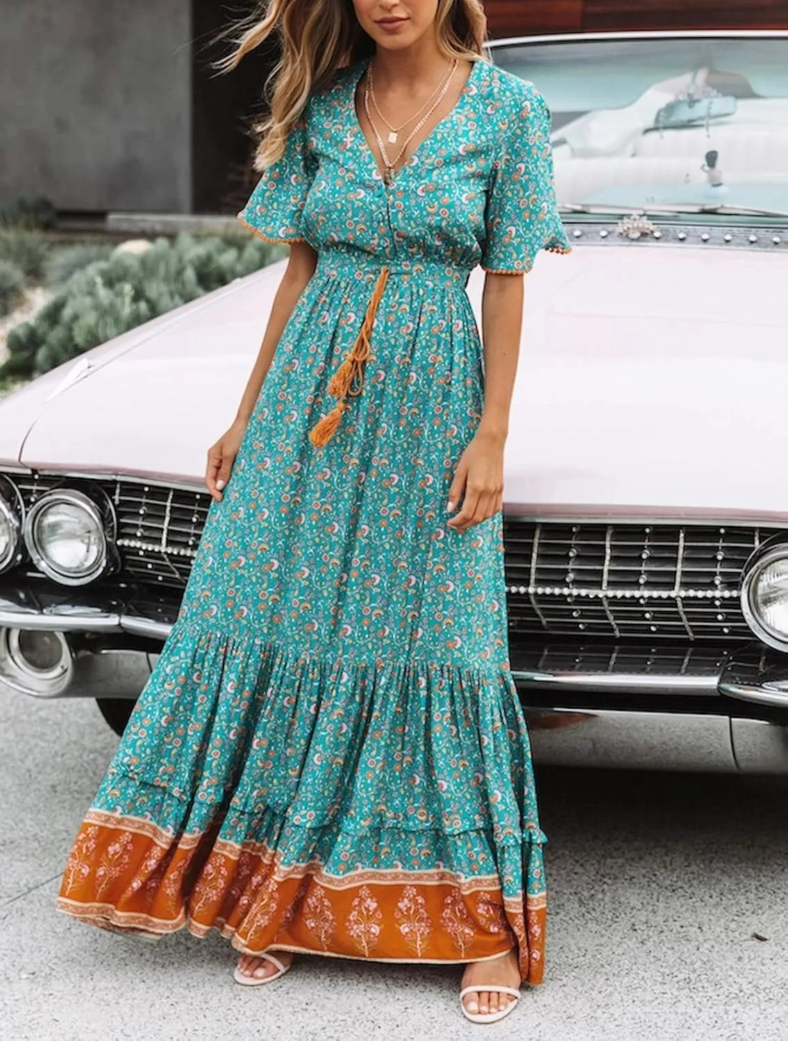 R.Vivimos Womens Summer Cotton Short Sleeve V Neck Floral Print Casual Bohemian Midi Dresses