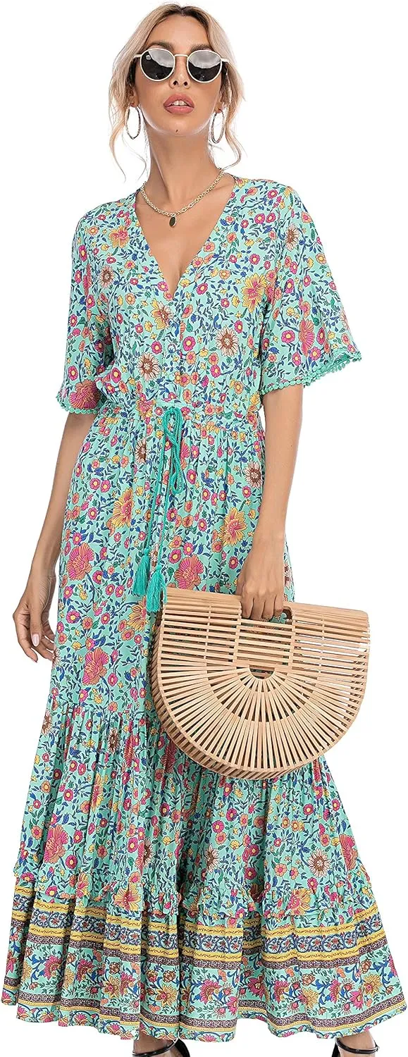 R.Vivimos Womens Summer Cotton Short Sleeve V Neck Floral Print Casual Bohemian Midi Dresses