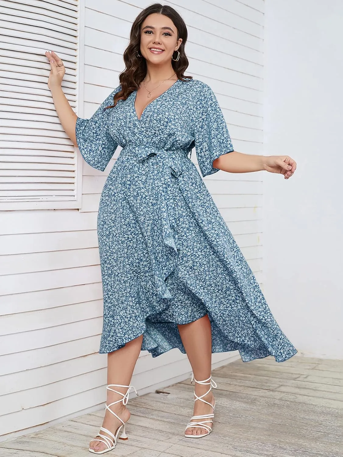 SCOMCHIC Women Plus Size Maxi Dress Short Sleeve Wrap V Neck High Low Split Ruffle Long Dress