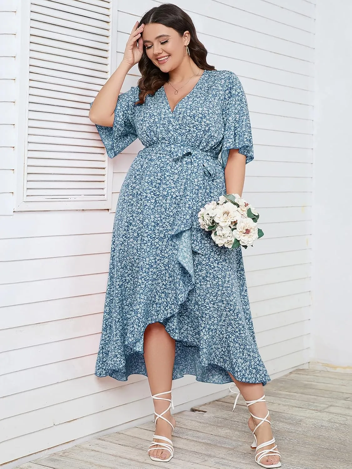 SCOMCHIC Women Plus Size Maxi Dress Short Sleeve Wrap V Neck High Low Split Ruffle Long Dress