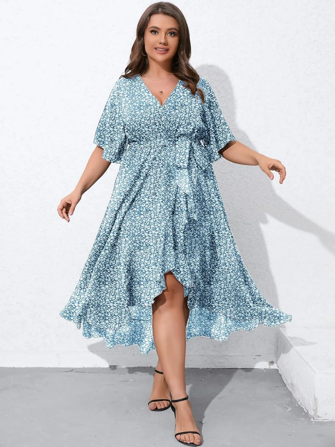 SCOMCHIC Women Plus Size Maxi Dress Short Sleeve Wrap V Neck High Low Split Ruffle Long Dress