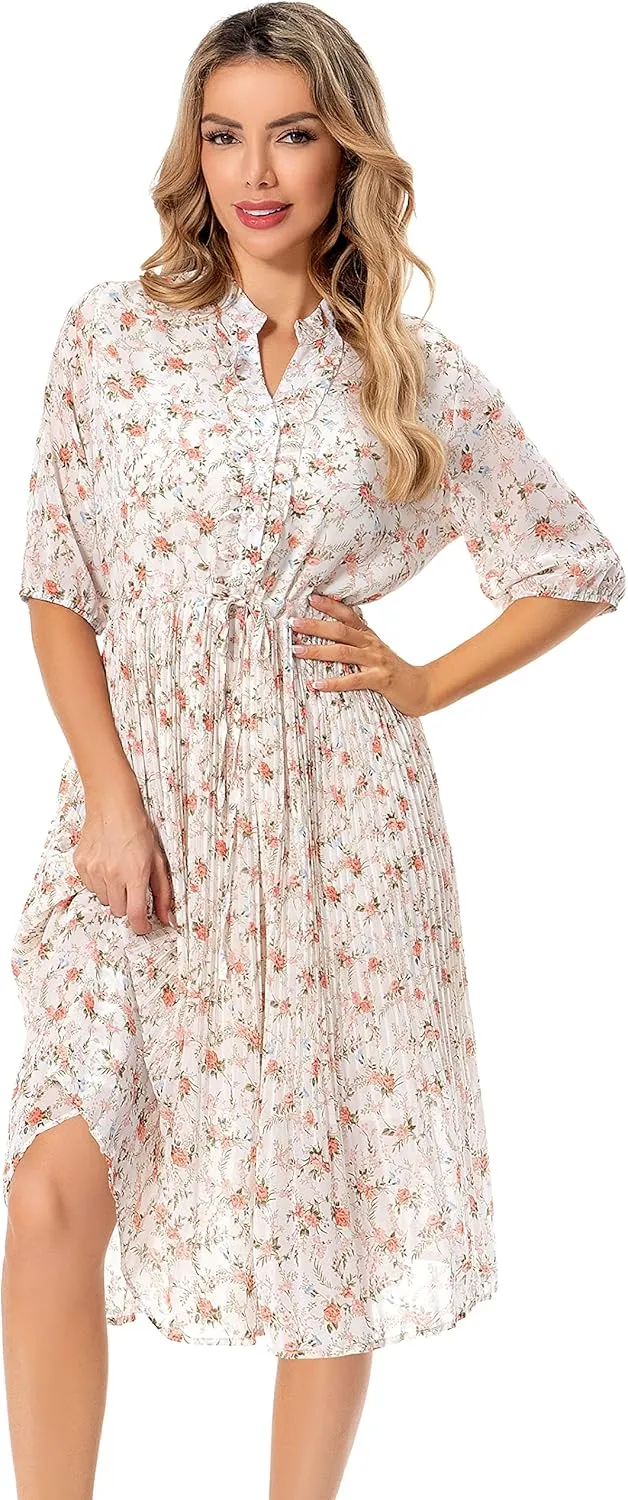 Shineflow Women's Short Sleeve V-Neck 3/4 Sleeve Button Up Chiffon Floral Pleated Midi Swing Dress with Belt