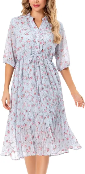 Shineflow Women's Short Sleeve V-Neck 3/4 Sleeve Button Up Chiffon Floral Pleated Midi Swing Dress with Belt