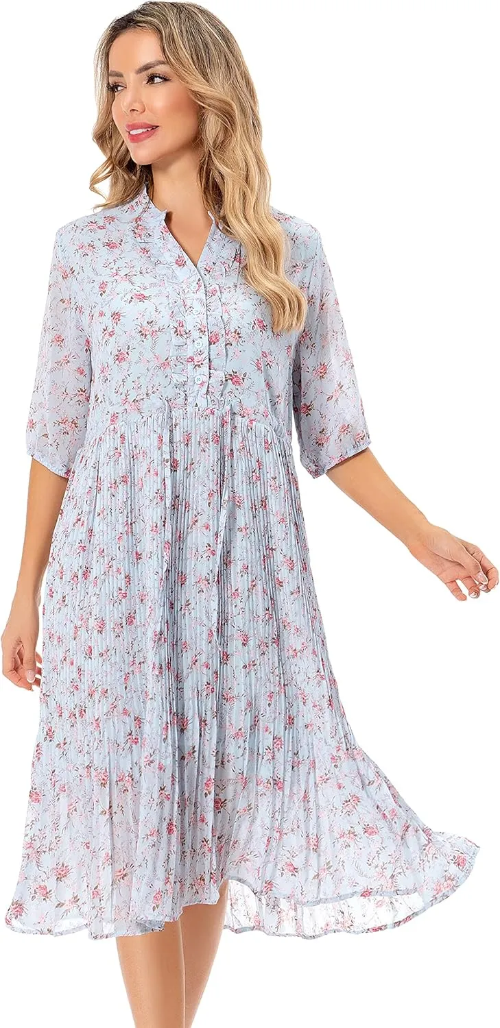 Shineflow Women's Short Sleeve V-Neck 3/4 Sleeve Button Up Chiffon Floral Pleated Midi Swing Dress with Belt