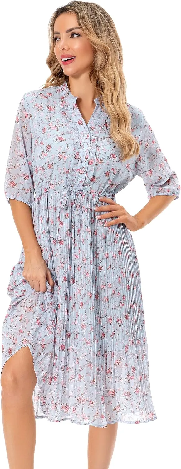 Shineflow Women's Short Sleeve V-Neck 3/4 Sleeve Button Up Chiffon Floral Pleated Midi Swing Dress with Belt