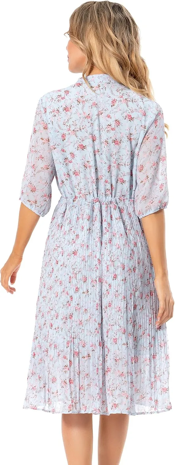 Shineflow Women's Short Sleeve V-Neck 3/4 Sleeve Button Up Chiffon Floral Pleated Midi Swing Dress with Belt
