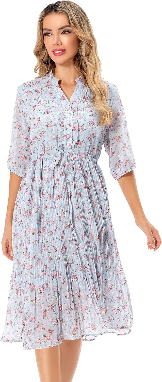 Shineflow Women's Short Sleeve V-Neck 3/4 Sleeve Button Up Chiffon Floral Pleated Midi Swing Dress with Belt
