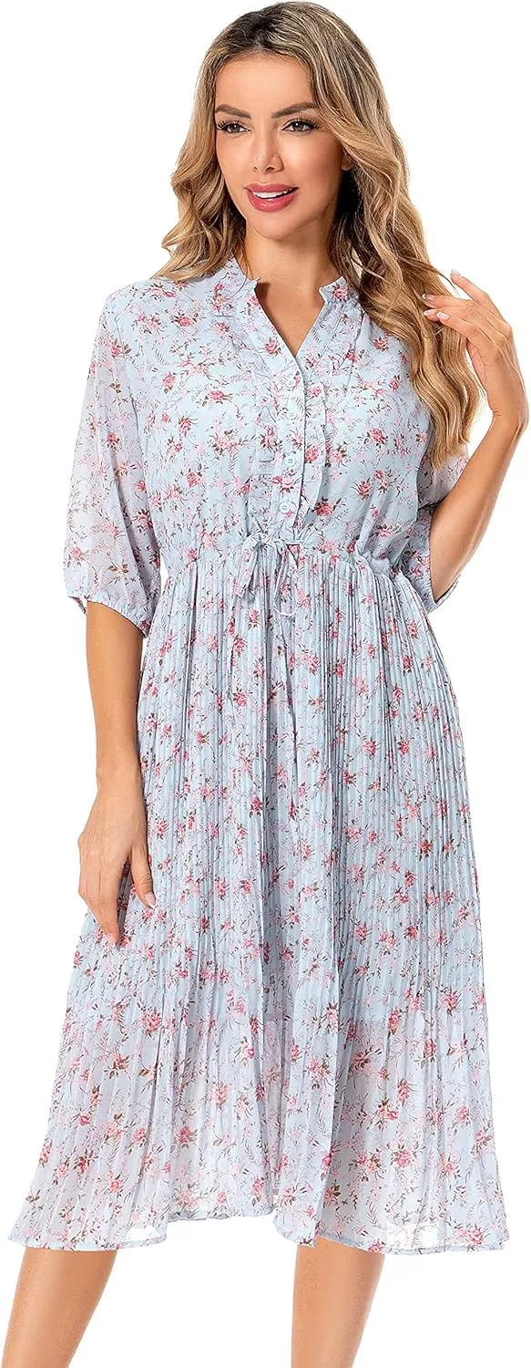 Shineflow Women's Short Sleeve V-Neck 3/4 Sleeve Button Up Chiffon Floral Pleated Midi Swing Dress with Belt