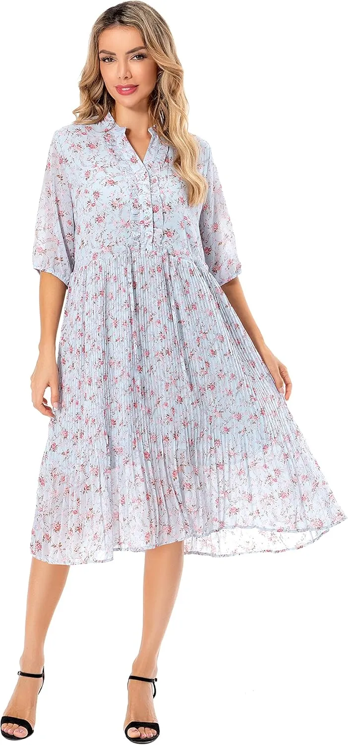 Shineflow Women's Short Sleeve V-Neck 3/4 Sleeve Button Up Chiffon Floral Pleated Midi Swing Dress with Belt