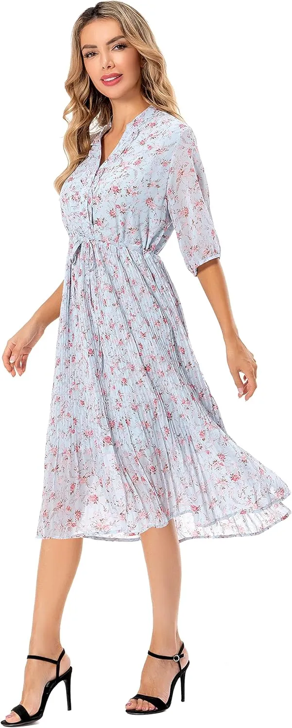 Shineflow Women's Short Sleeve V-Neck 3/4 Sleeve Button Up Chiffon Floral Pleated Midi Swing Dress with Belt