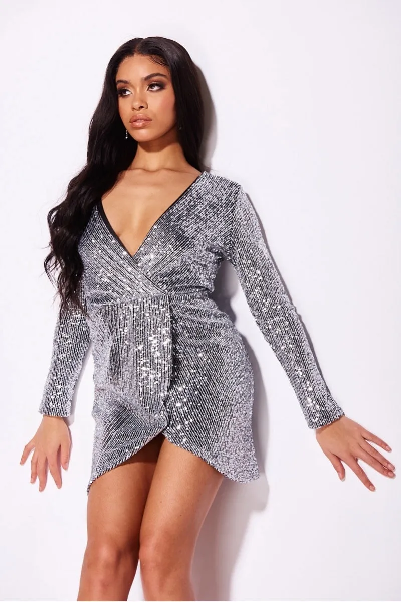 Silver Sequin V Neck Wrapover Long Sleeve Mini Dress