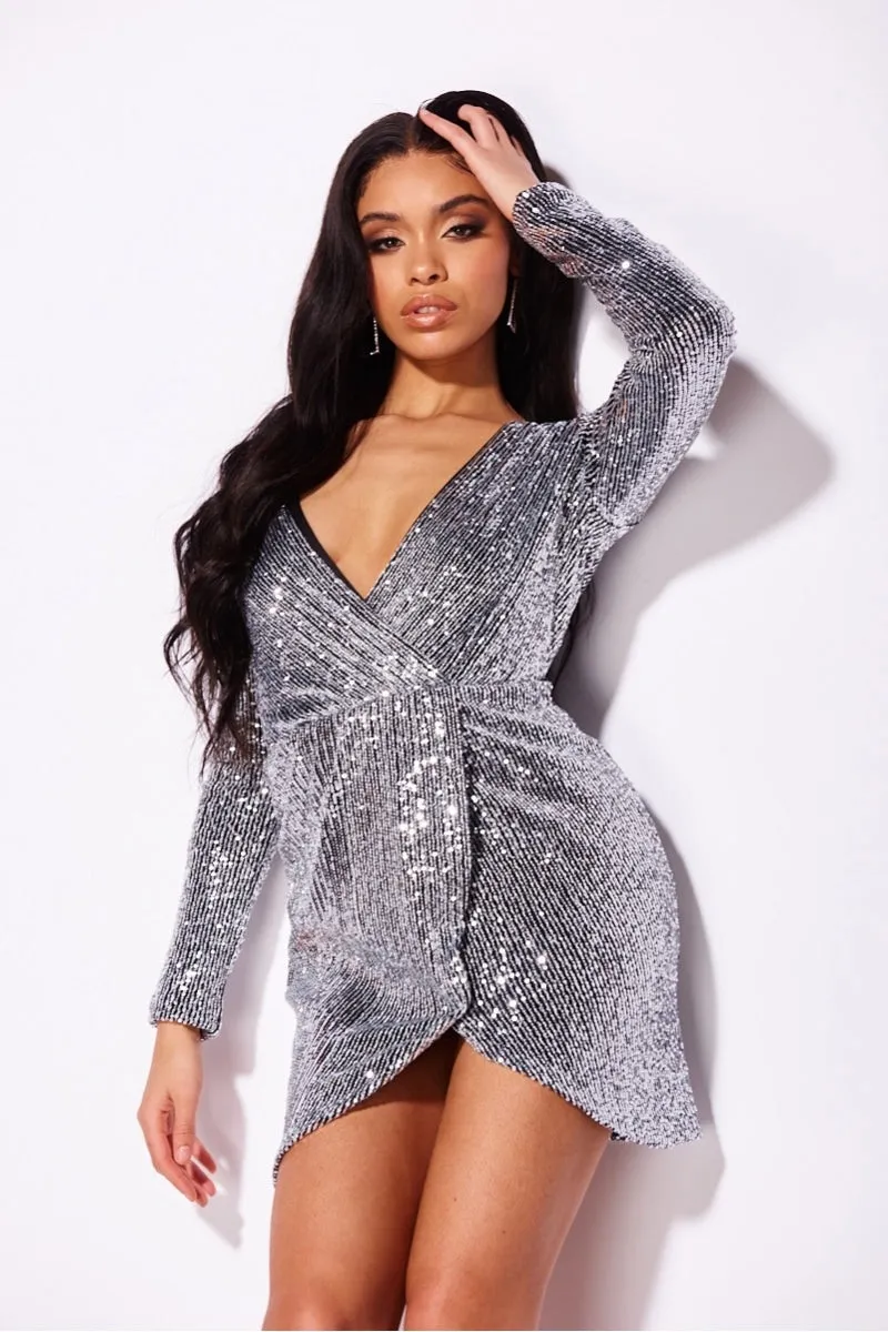Silver Sequin V Neck Wrapover Long Sleeve Mini Dress