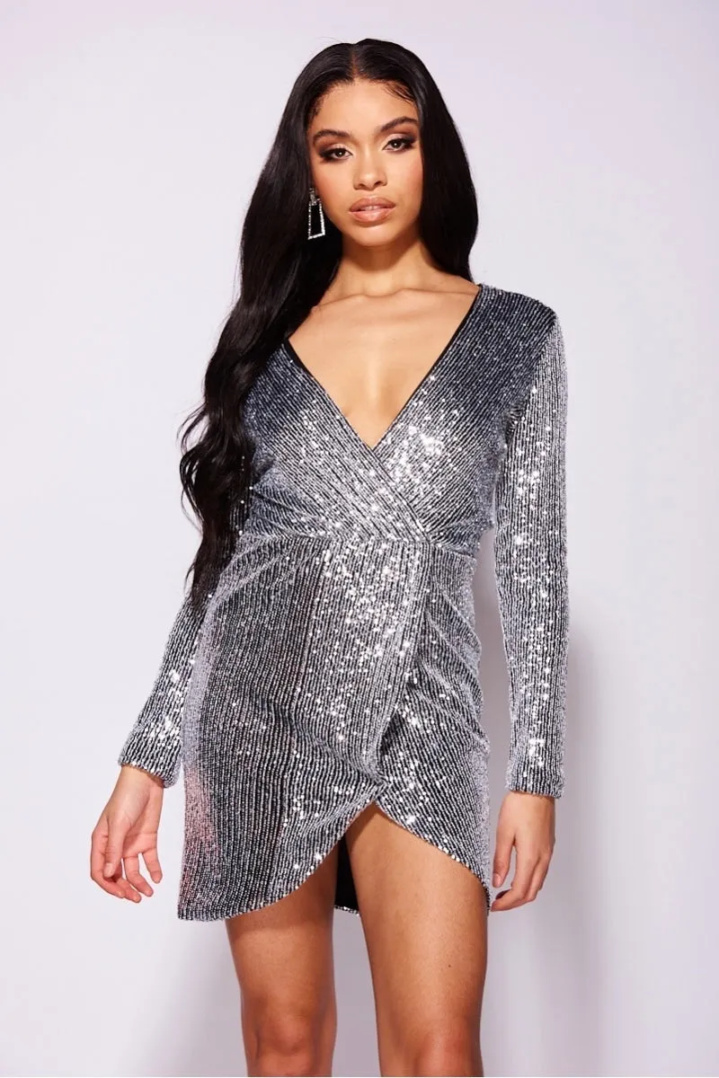 Silver Sequin V Neck Wrapover Long Sleeve Mini Dress