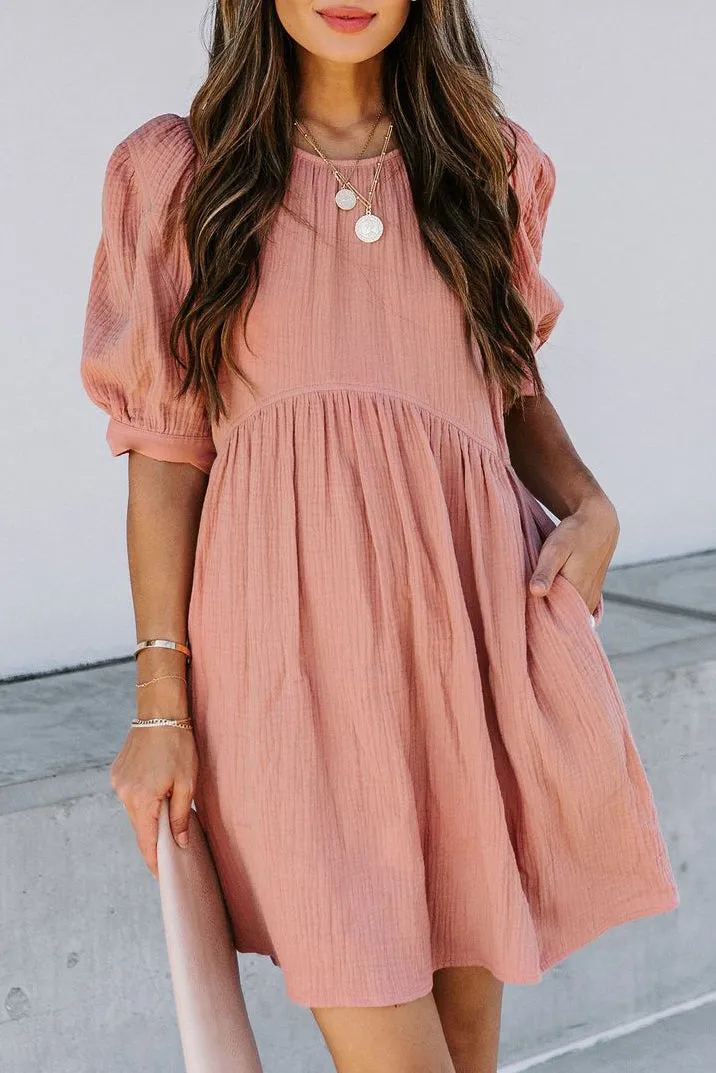 Solid Puff Sleeve Ruffled Empire Waist Mini Dress