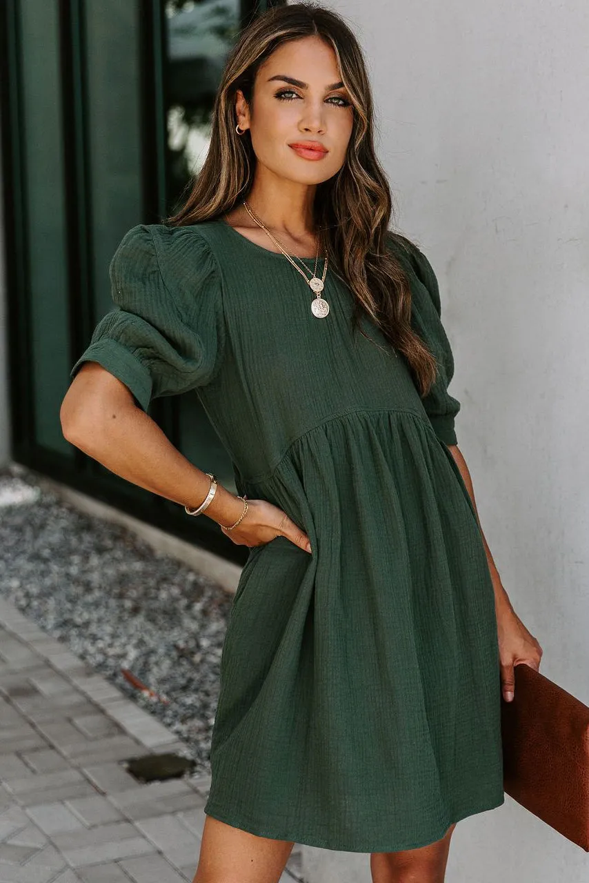 Solid Puff Sleeve Ruffled Empire Waist Mini Dress