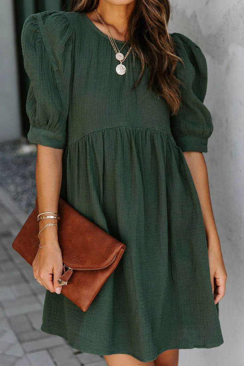 Solid Puff Sleeve Ruffled Empire Waist Mini Dress
