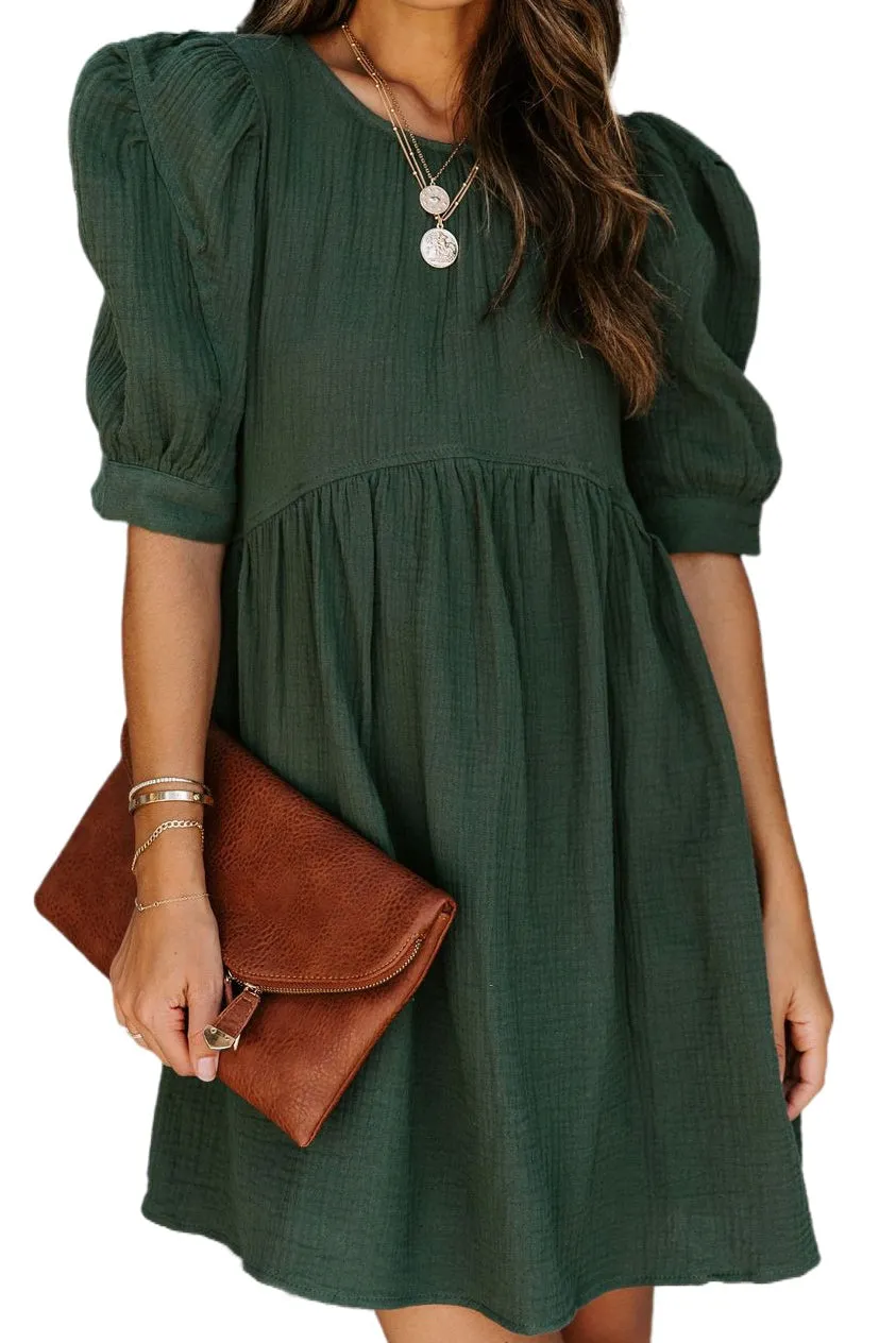 Solid Puff Sleeve Ruffled Empire Waist Mini Dress