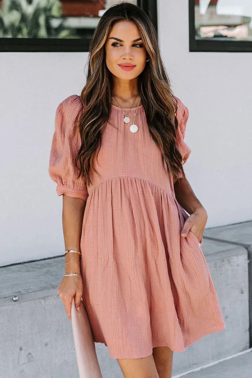 Solid Puff Sleeve Ruffled Empire Waist Mini Dress