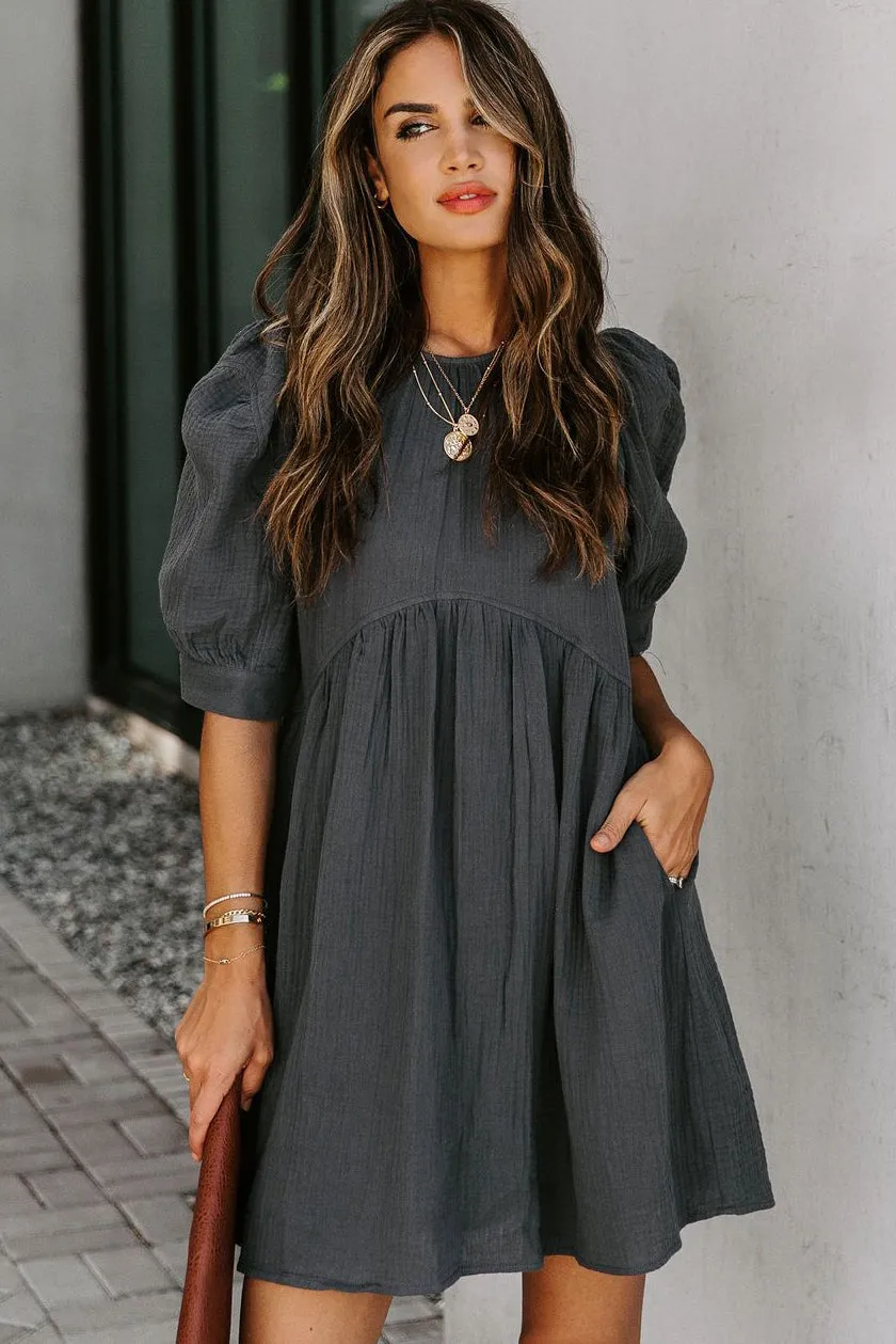 Solid Puff Sleeve Ruffled Empire Waist Mini Dress
