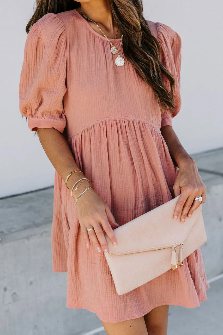 Solid Puff Sleeve Ruffled Empire Waist Mini Dress