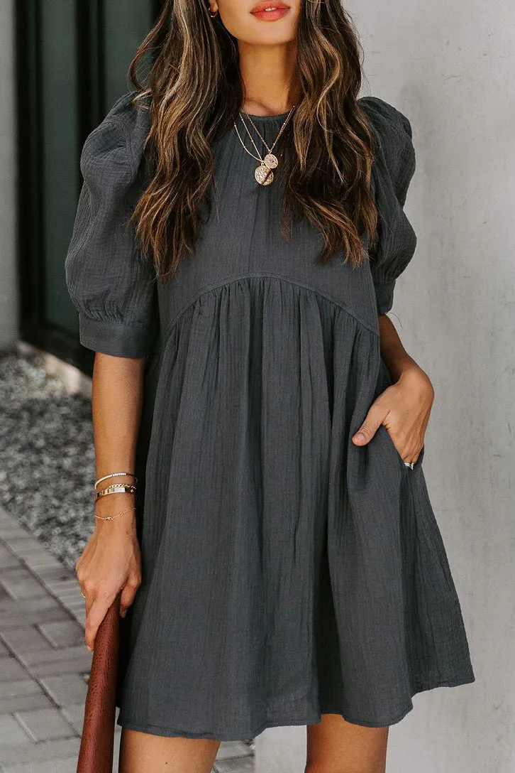 Solid Puff Sleeve Ruffled Empire Waist Mini Dress