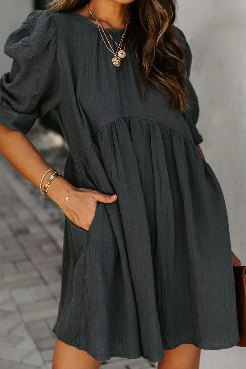 Solid Puff Sleeve Ruffled Empire Waist Mini Dress