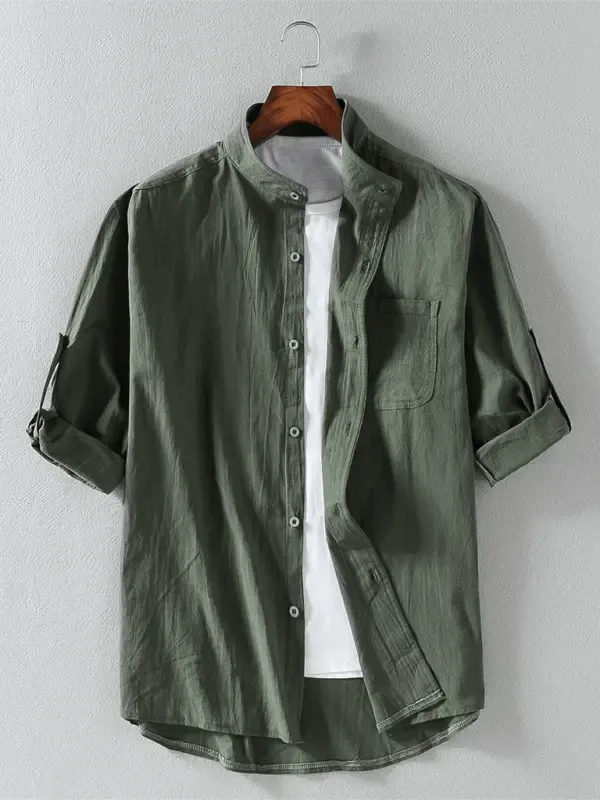 Stand Collar Shirt with Short-Sleeves