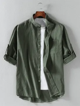 Stand Collar Shirt with Short-Sleeves
