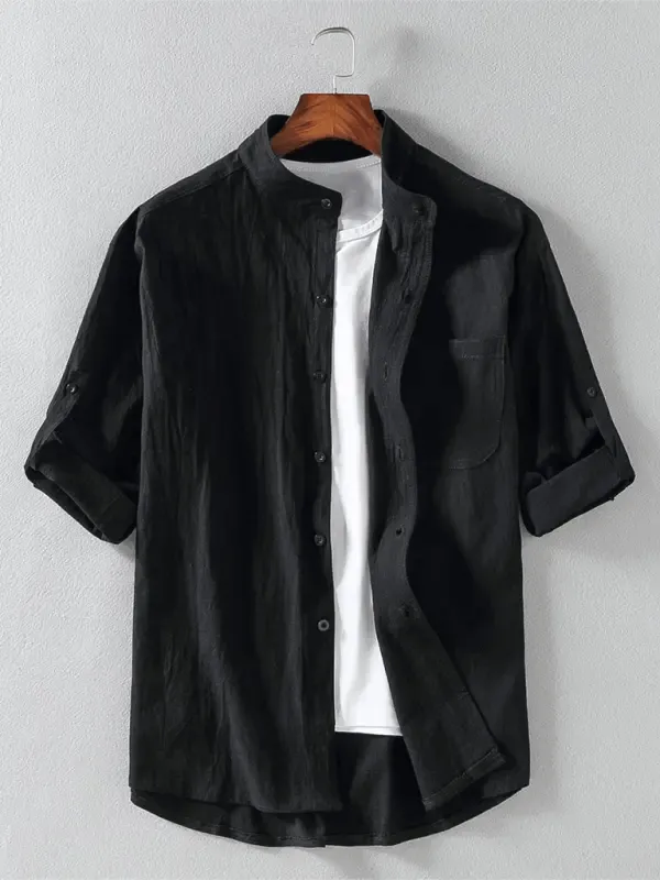 Stand Collar Shirt with Short-Sleeves