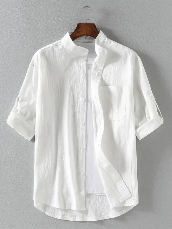 Stand Collar Shirt with Short-Sleeves