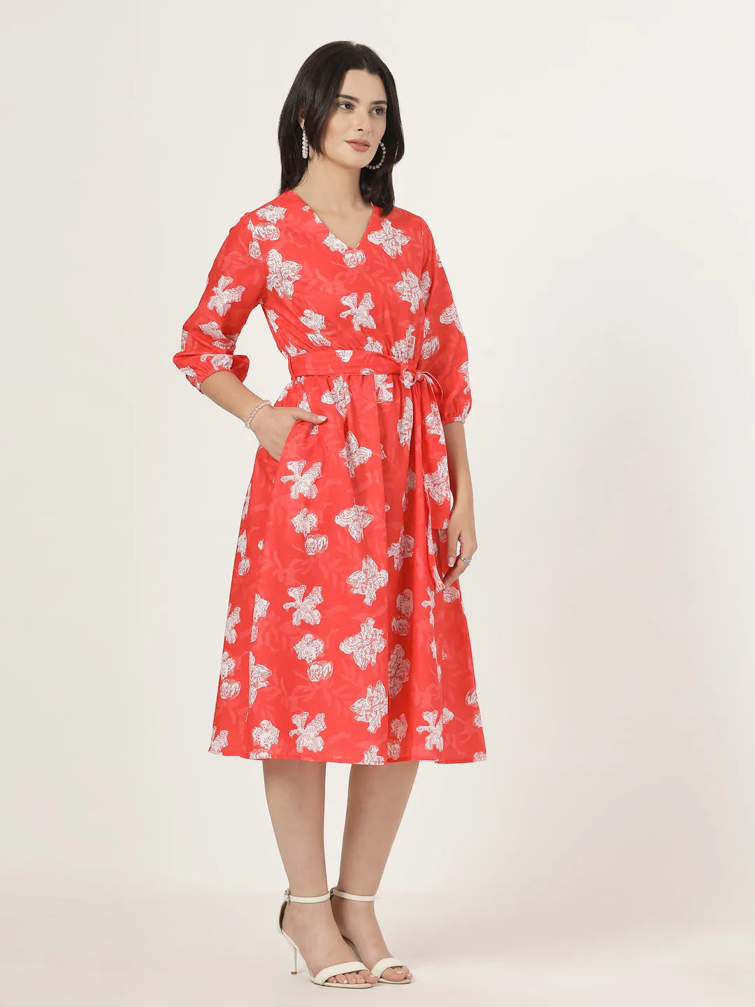 Style Quotient Women Red Printed Dress with tie-up belt