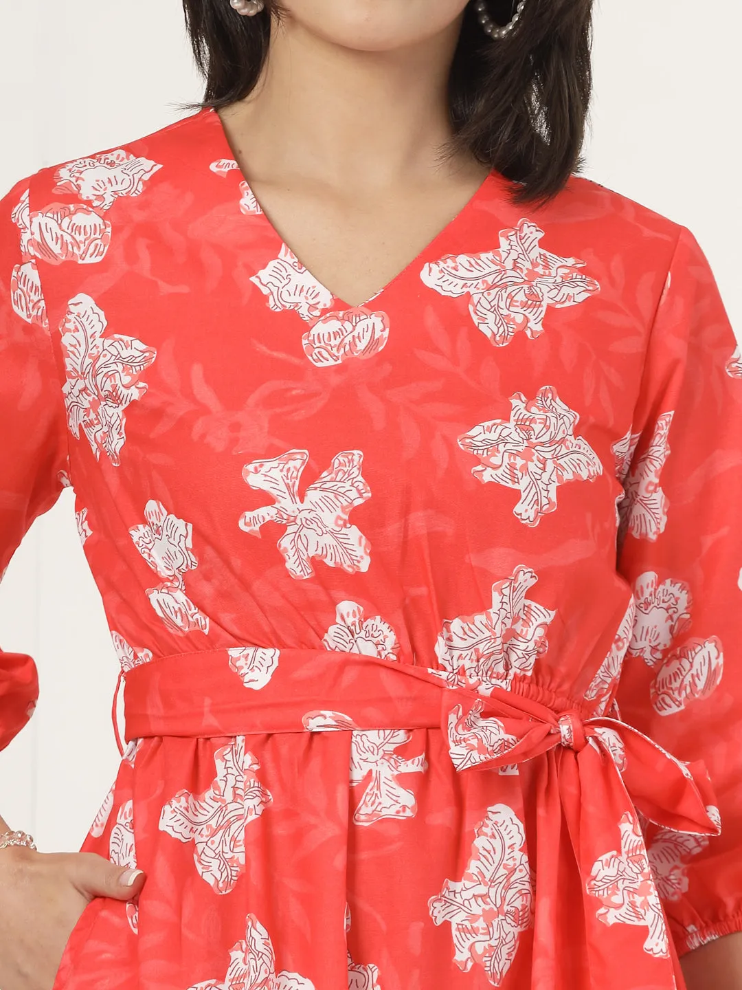 Style Quotient Women Red Printed Dress with tie-up belt