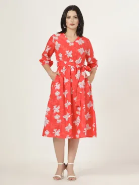 Style Quotient Women Red Printed Dress with tie-up belt