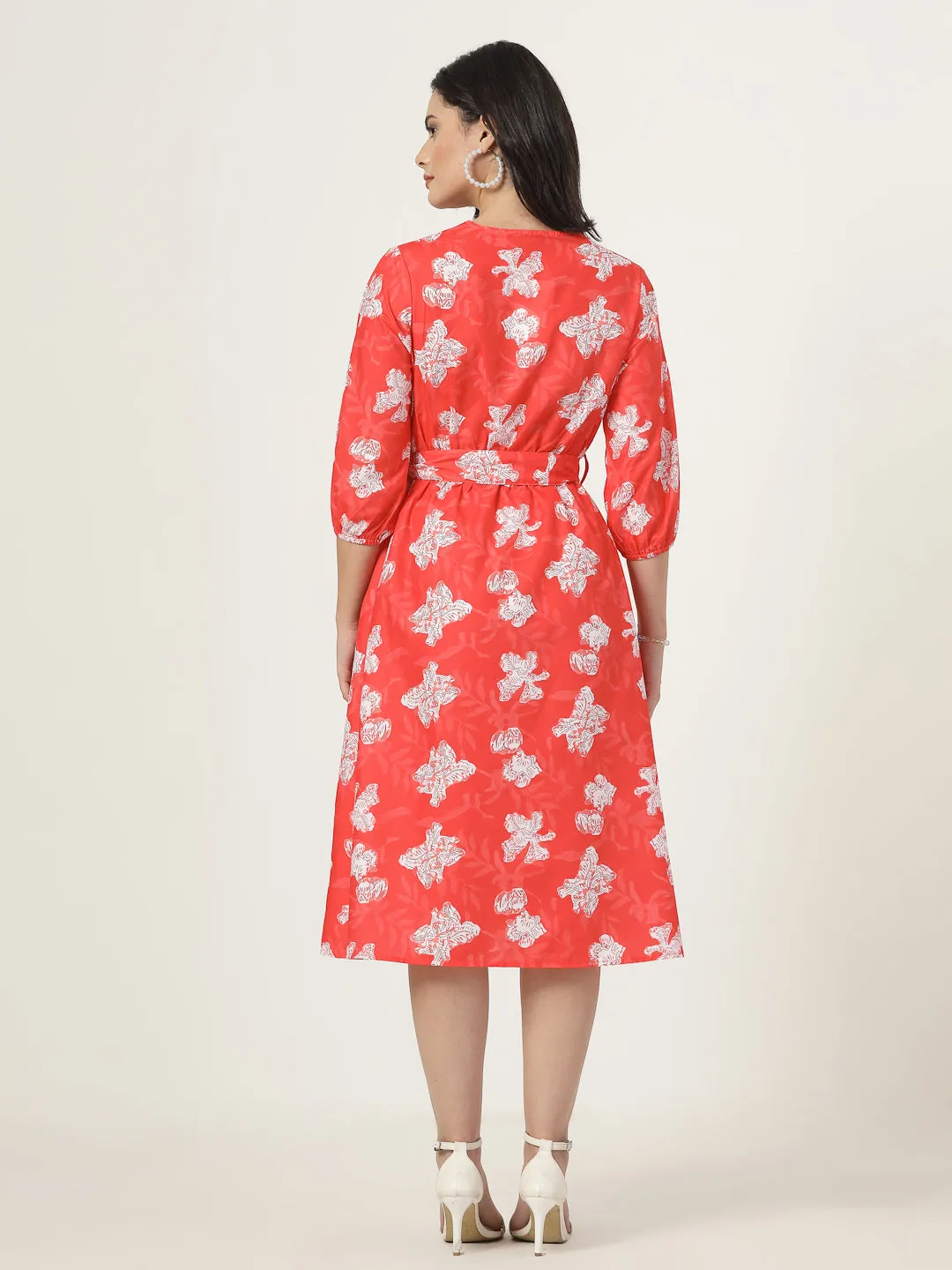 Style Quotient Women Red Printed Dress with tie-up belt
