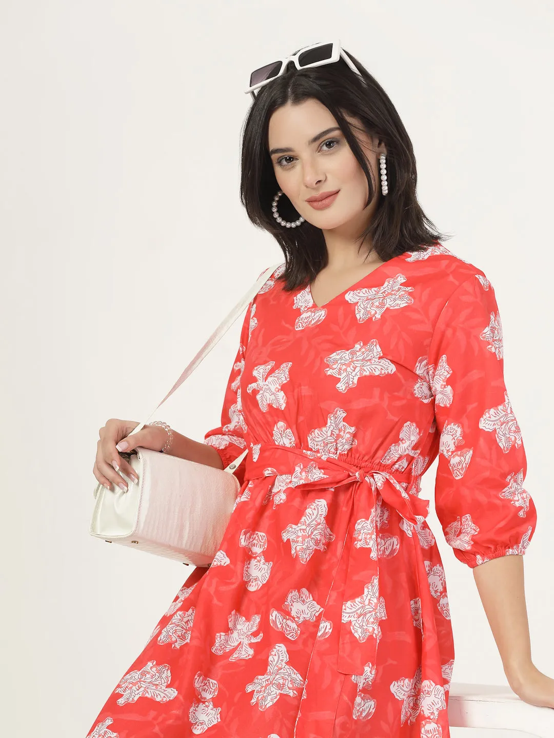 Style Quotient Women Red Printed Dress with tie-up belt